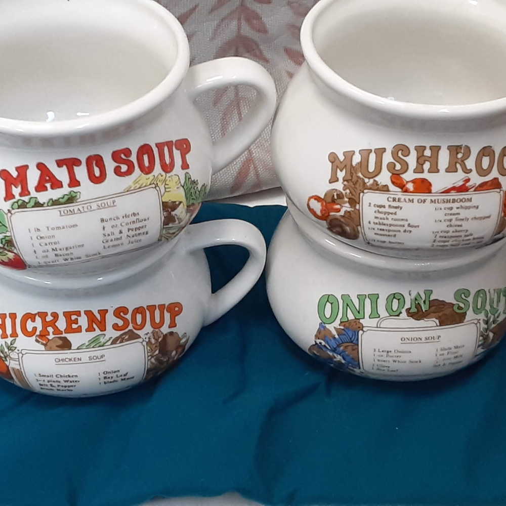 Vintage Soup Mug Set - White with Multicolor Designs